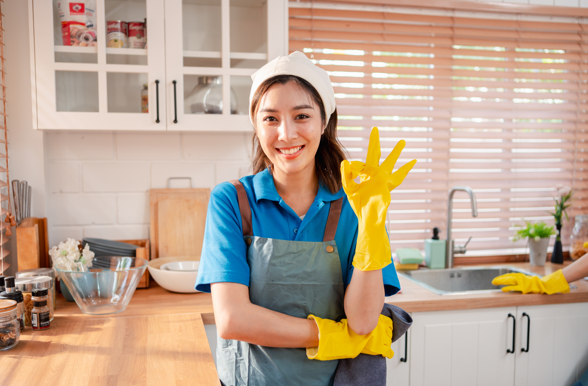 Housework or house keeping service female cleaning dust in house